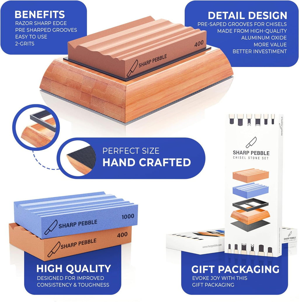 Sharp Pebble Sharpening Stones for Wood Carving Tools-Two Whetstones Grit 400 & 1000 Gouge Sharpener- Waterstone Sharpening System for Wood Carving Knives & Chisels with Non-Slip Bamboo Base
