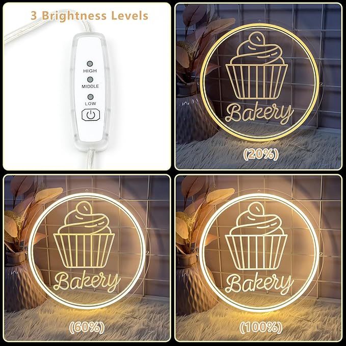 Bakery Neon Sign for Wall Decor Dimmable LED Neon Light Cake Bread Light Up Signs for Business Dessert Food Shop Restaurant Coffee Bar Birthday Party Decoration