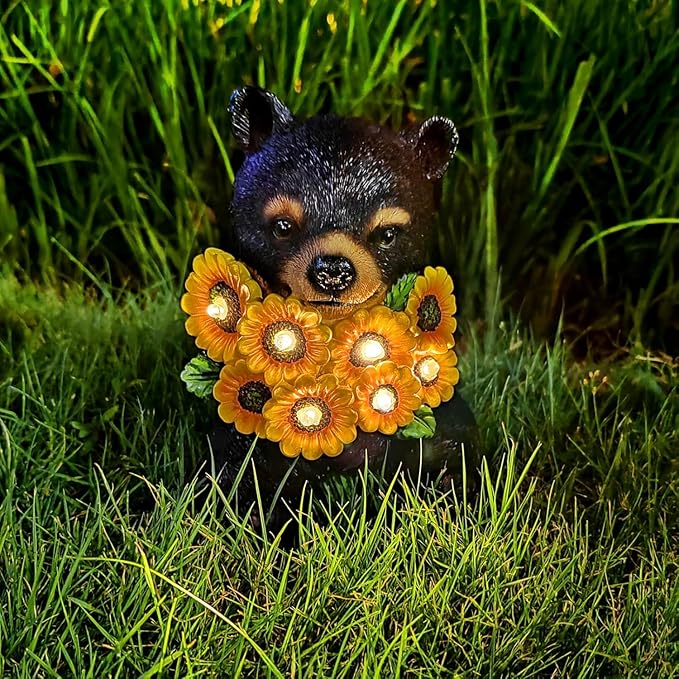 ILLUMINEW Solar Garden Lights Outdoor Statues Black Bear with Sunflowers, Sculpture Decor Mother Gifts for Women, Men or Daughter, Unique Garden Statues for Housewarming Gifts