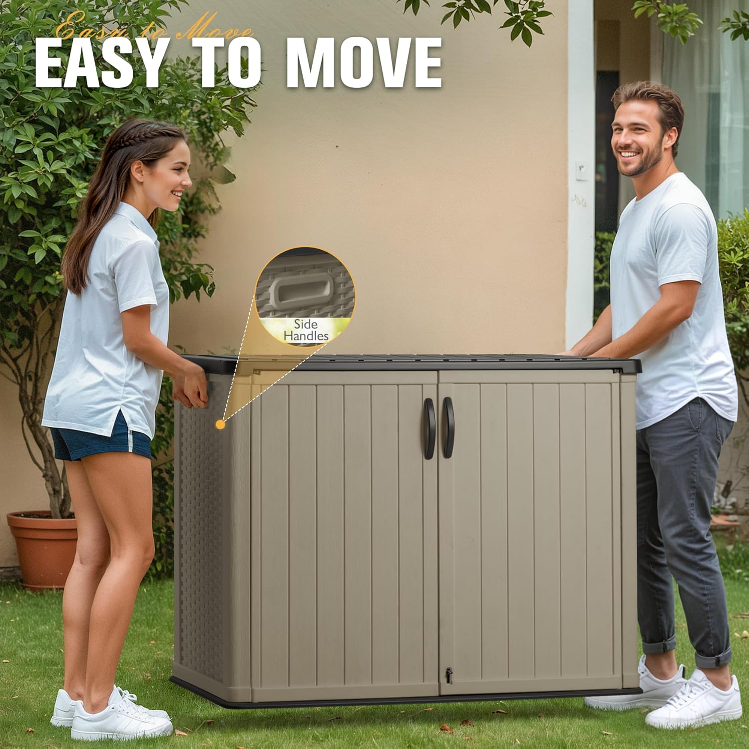 Greesum Outdoor Horizontal Storage Sheds 27 Cu.ft Resin Large Storaged Box Weather Resistance, Without Shelf, Easy to Assemble, Prefect for Garden, Patios, Backyards, Beige