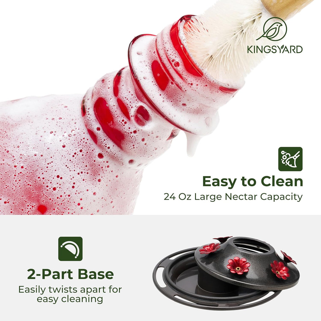 Kingsyard Glass Hummingbird Feeder - 6 Bee Guard Feeding Ports & Ant Moat, 24 oz Leak Proof, Wild Bird Feeder for Outdoors Hanging, Easy to Clean & Refill, Garden Yard Decor, Red & Green