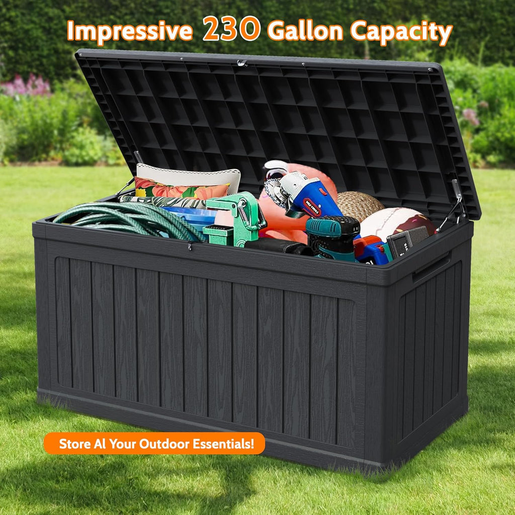 230 Gallon Double-Wall Resin Deck Box - Lockable Waterproof Outdoor Storage Box, 1000lbs Capacity & Doubles as Seating for Patio Furniture - Garden Tools, Pool Accessories (Black)