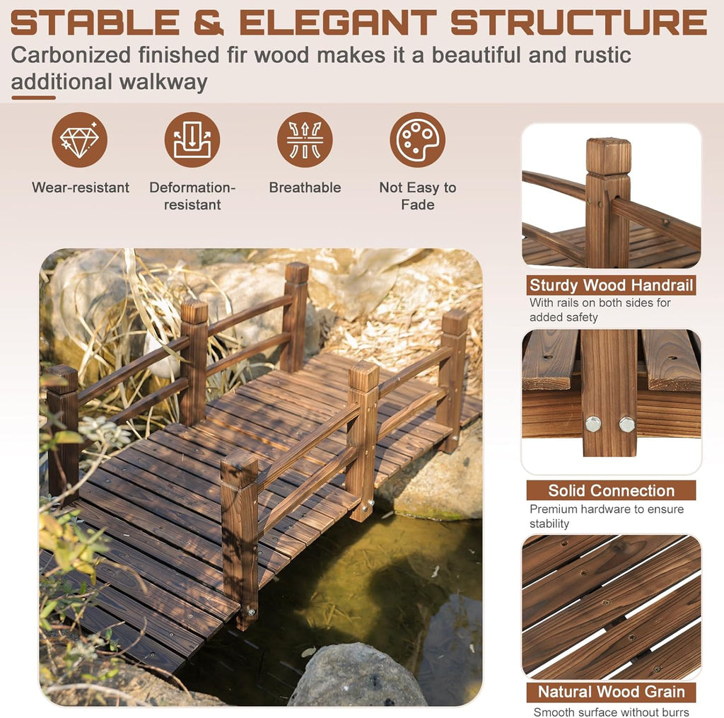 HOMEDIARY Fir Wood Garden Bridge, Outdoor Stained Finish Arc Footbridge Walkway with Double Safety Railings, Decorative Pond Bridge Landscaping for Backyard Farm Garden Creek Pond Decor, Carbonized