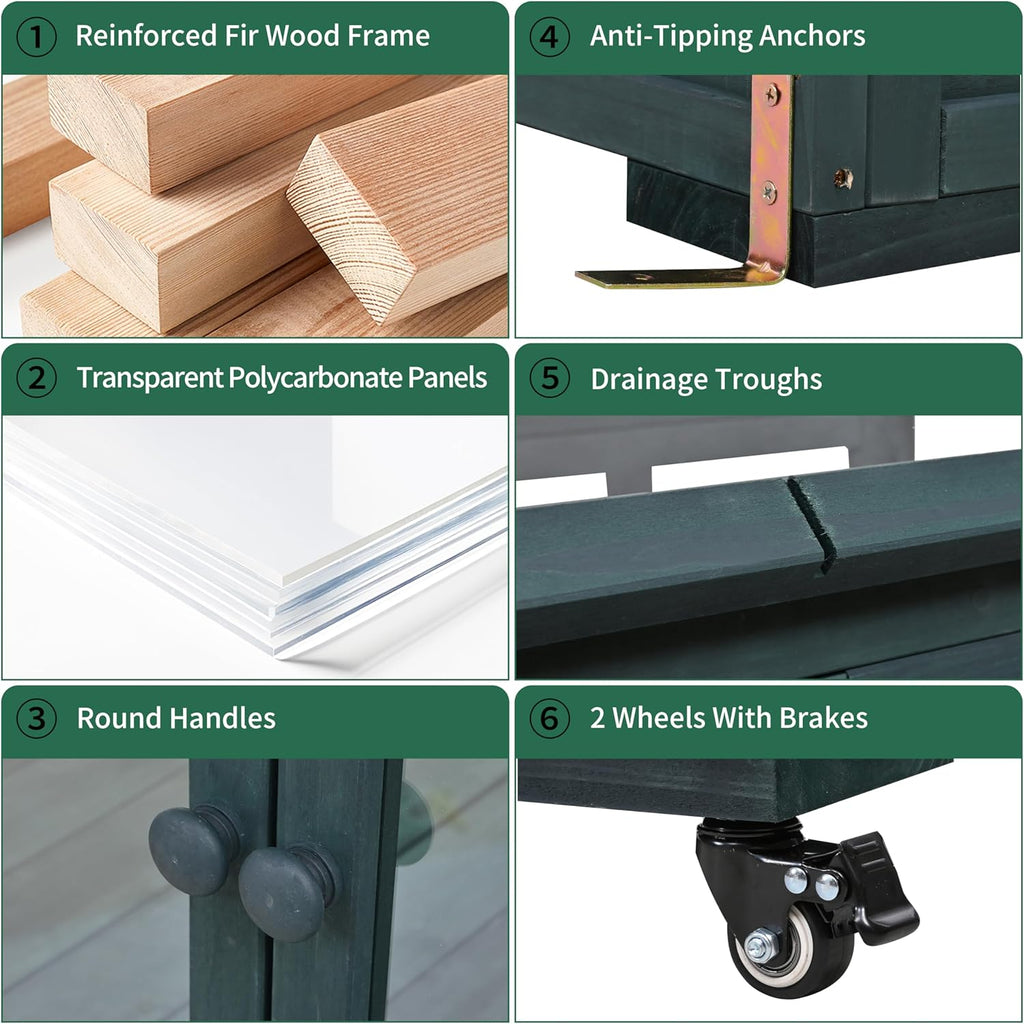 Merax 69" Wooden Greenhouse with Wheels - Portable Cold Frame for Balcony/Patio, UV-Resistant Indoor Outdoor Plant Growing Cabinet (Large, Heavy-Duty) (Forest Green)