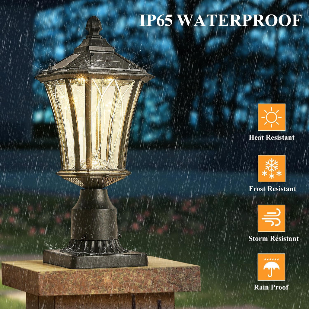 2 Pack Solar Lamp Post Lights with Pier Mount Base, Dusk to Dawn Outdoor Pillar Lights with Patterned Glass, Waterproof Exterior Pole Lamps Head for Driveway, Patio, Garden, Black