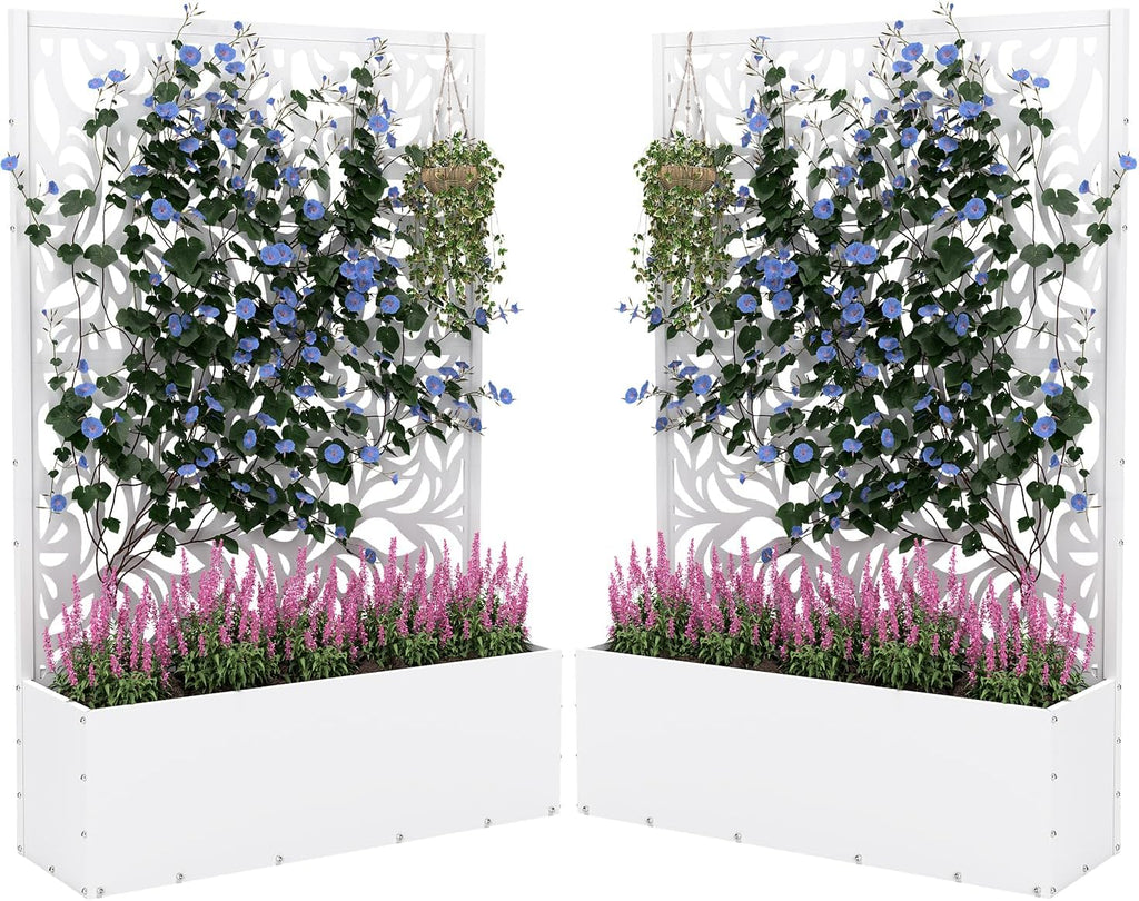 2PCS Metal Planter Box with Trellis,70.9"x47.2"x15.7" Raised Garden Bed with Drainage Holes, Privacy Planters for Outdoor Garden Bed for Climbing Plants,Vegetables,and Vines, White-Flower