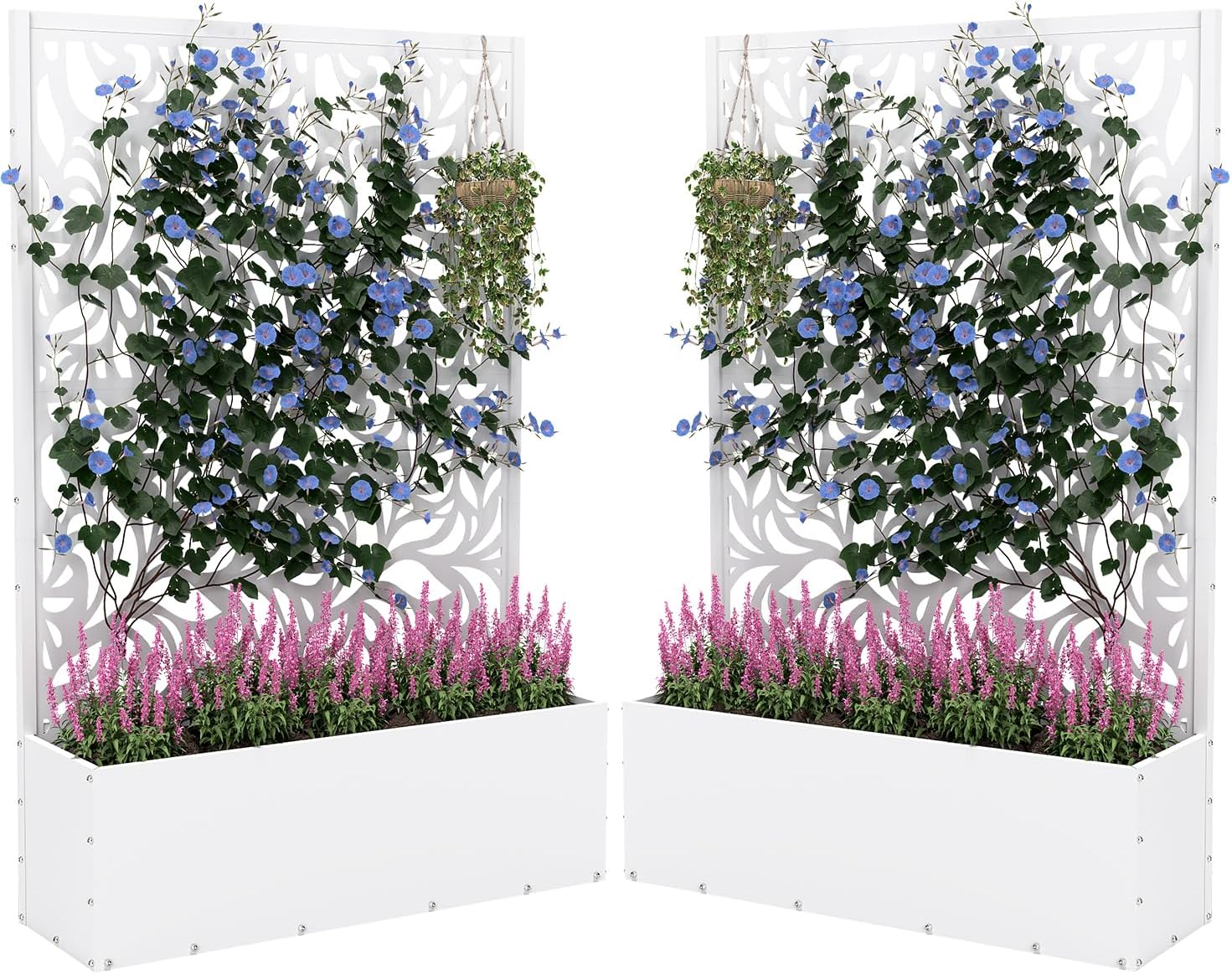 2PCS Metal Planter Box with Trellis,70.9"x47.2"x15.7" Raised Garden Bed with Drainage Holes, Privacy Planters for Outdoor Garden Bed for Climbing Plants,Vegetables,and Vines, White-Flower