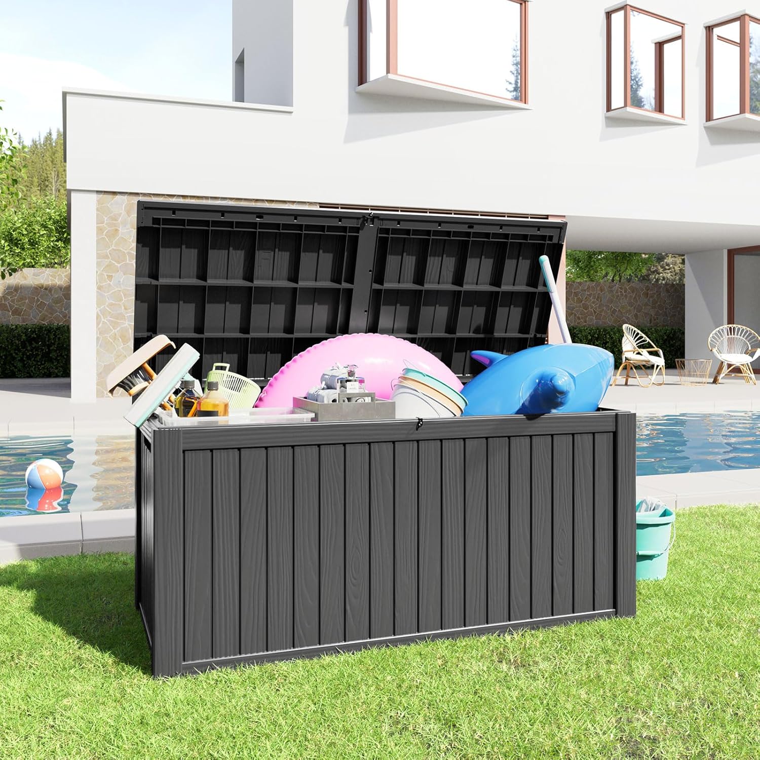 180 Gallon Resin Deck Box, Lockable Patio Outdoor Storage Box for Furniture, Garden Tools and Tools Storage, Waterproof Outside Storage Boxes - Black