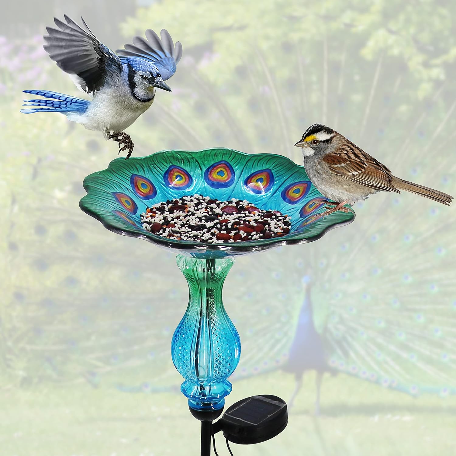 John's Studio Peacock Bird Bath for Outdoor - Glass Bowl Solar Light Cage Outside Dish Bird Feeder with Metal Stake for Garden, Yard and Patio - 32 inches