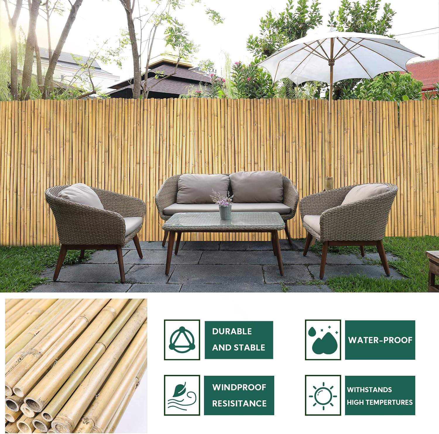 Natural Bamboo Fence 6ft H x 8ft L x 0.7In D, Eco-Friendly Privacy Fence for Outdoor Wall, Garden, Yard, Pool, Patio, Decorative Bamboo Fencing