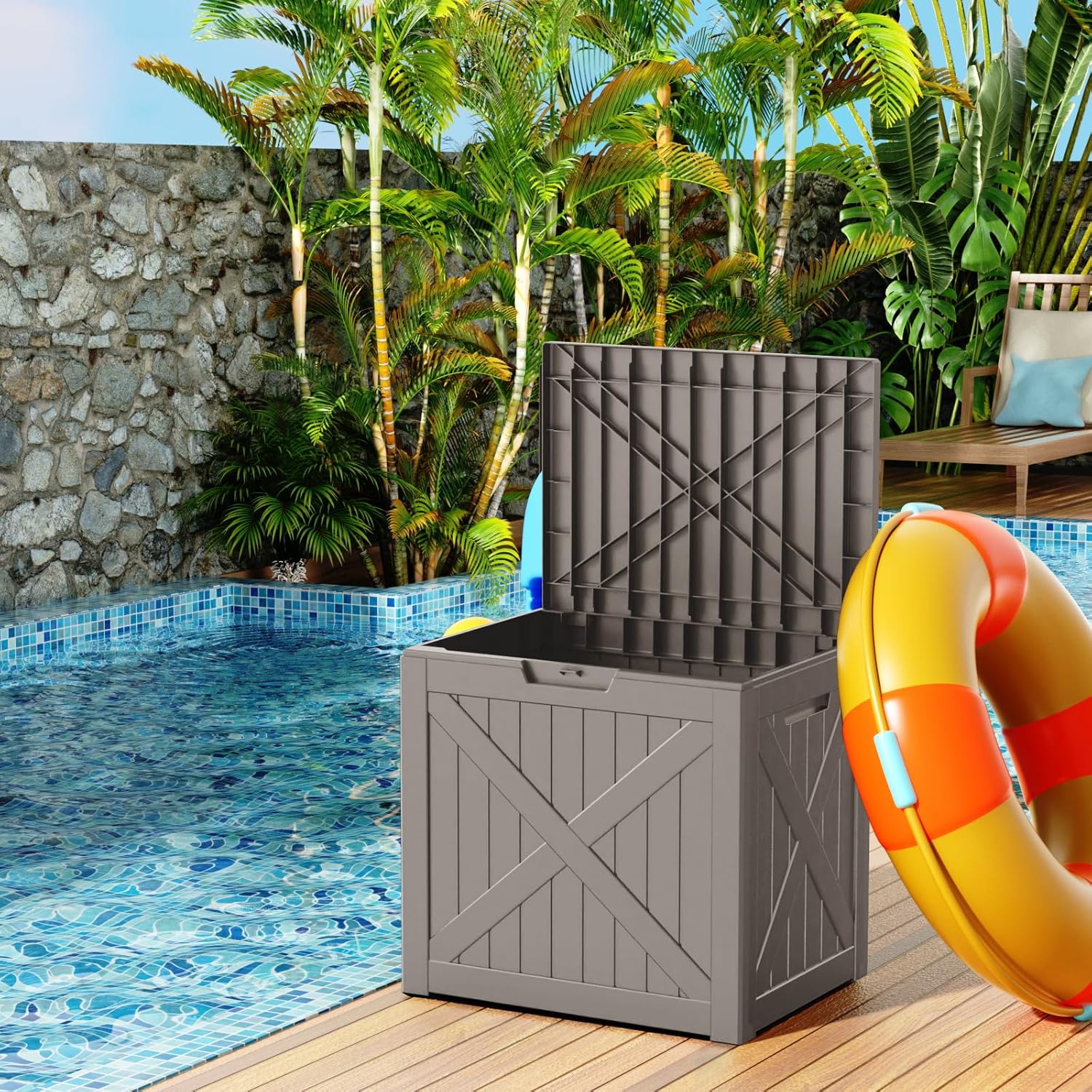 32 Gallon Outdoor Deck Box,Storage Lockable Waterproof Patio Furniture,Garden Tools,Cushions,Pool Accessories Outside Storage Resin Box(Grey)