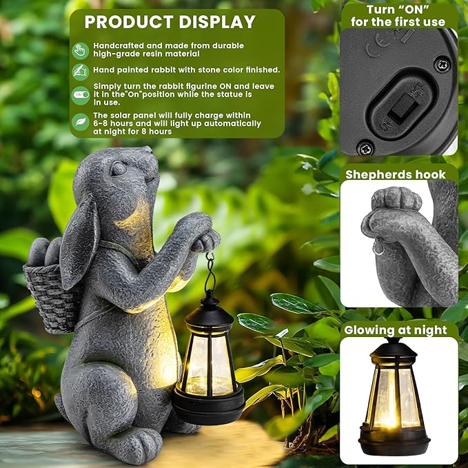 Solar Garden Outdoor Statues Rabbit with Solar Lantern,Outdoor Bunny Figurines Decorations,Lawn Decor Bunny Statue for Patio, Balcony, Yard Ornament,Unique Housewarming and Easter Gifts
