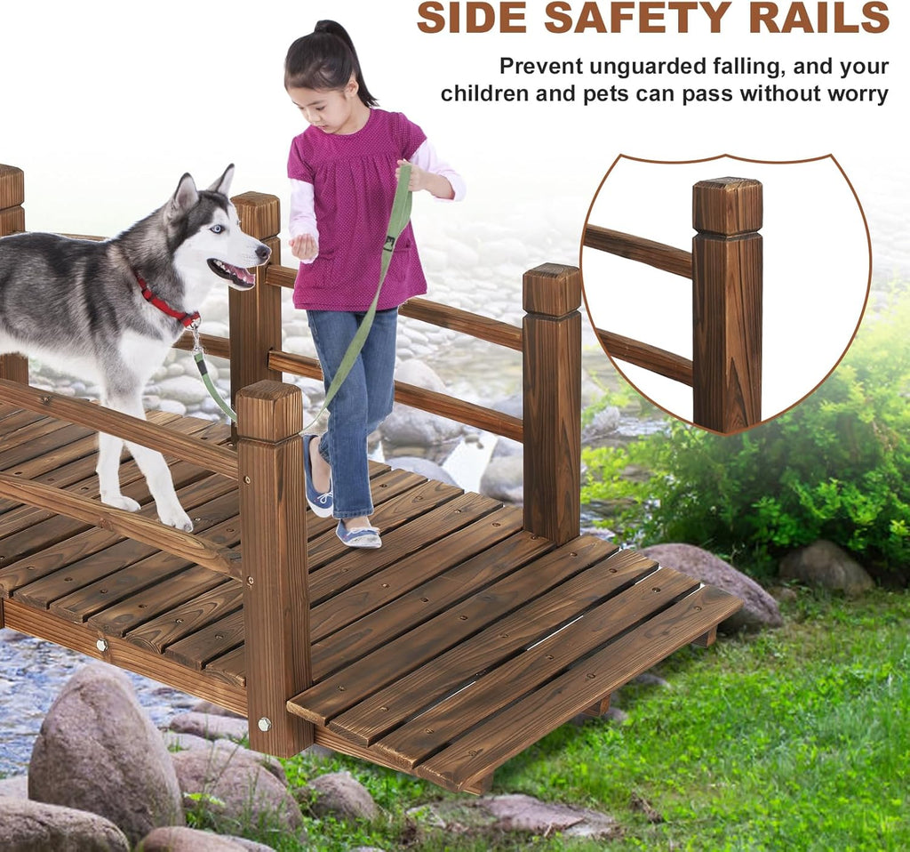HOMEDIARY Fir Wood Garden Bridge, Outdoor Stained Finish Arc Footbridge Walkway with Double Safety Railings, Decorative Pond Bridge Landscaping for Backyard Farm Garden Creek Pond Decor, Carbonized