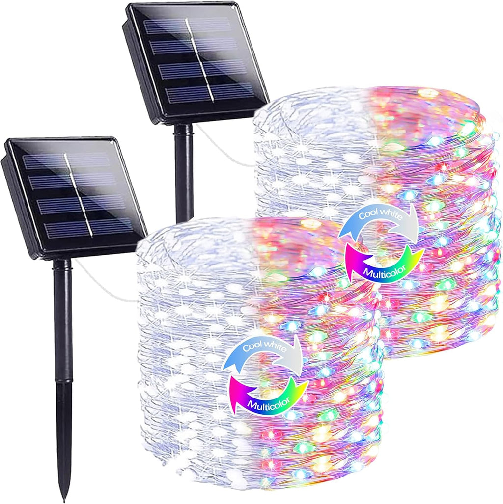 SANJICHA Cool White and Multicolor Color Changing Solar String Lights, Extra-Long 2PK 144FT 400LED Solar Fairy Lights Outdoor Waterproof, Copper Wire 8 Modes for Garden Party Wedding Decorations