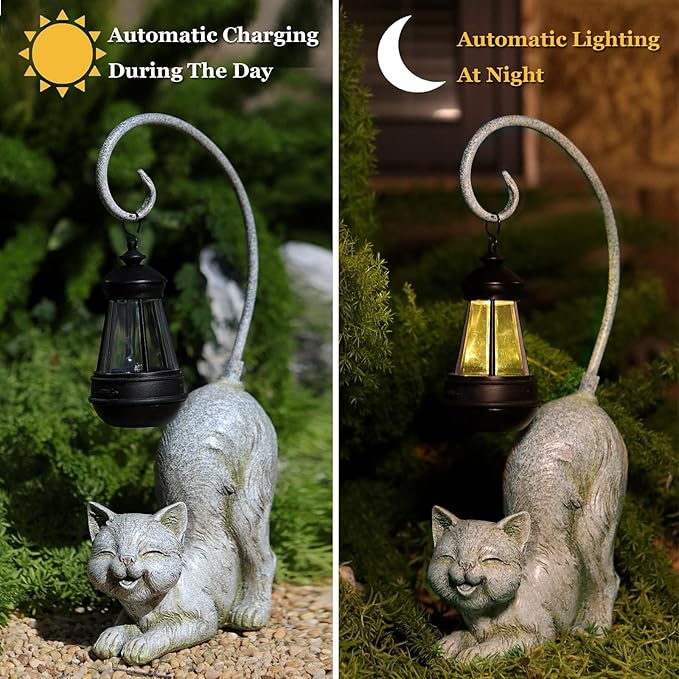 Laughing Cat Figurine with Solar-Powered LED Light, 15.7 Inches Tall Marble, Perfect for Gift Garden Decor or Housewarming for Cat Lovers.
