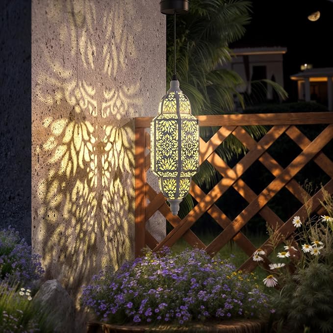 Twinkya Hanging Solar Lights Outdoor Garden Decorative Solar Lantern Waterproof Metal Moroccan Outdoor Decorations for Patio Pathway Yard Porch Backyard Garden Decor (White, 1 Pack)