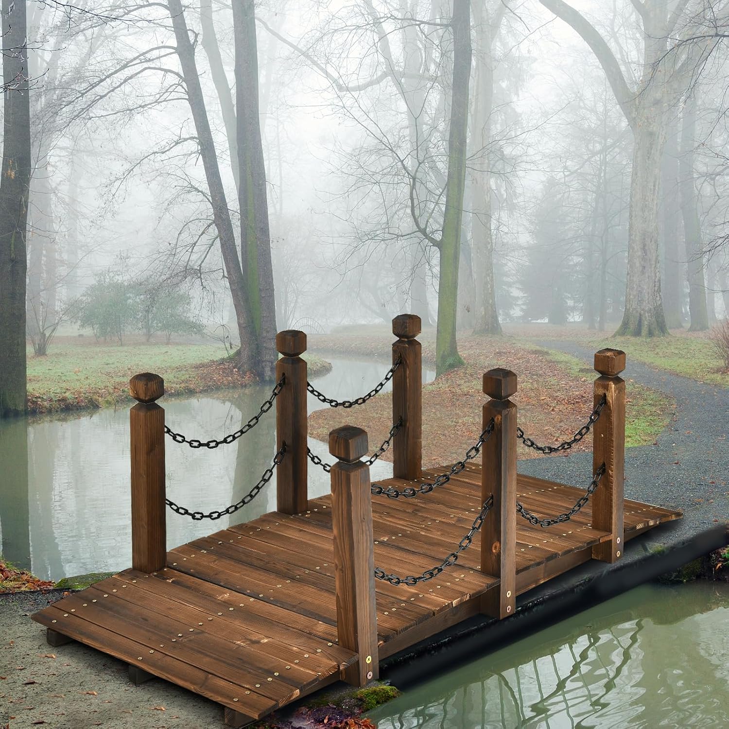 Giantex 5 FT Wooden Garden Bridge, Stained Wood Arc Footbridge with Chain Railings for Backyard Creek Farm, Decorative Pond Bridge, Easy to Assemble, 400 lbs Capacity (Brown)