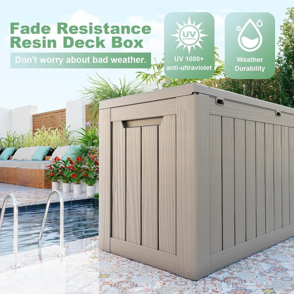 81 Gallon Outdoor Storage Box Waterproof, UV Resistant Resin Deck Box with Hydraulic Rod, Lockable Design and Enhanced Durability for Patio, Garden, and Poolside Use