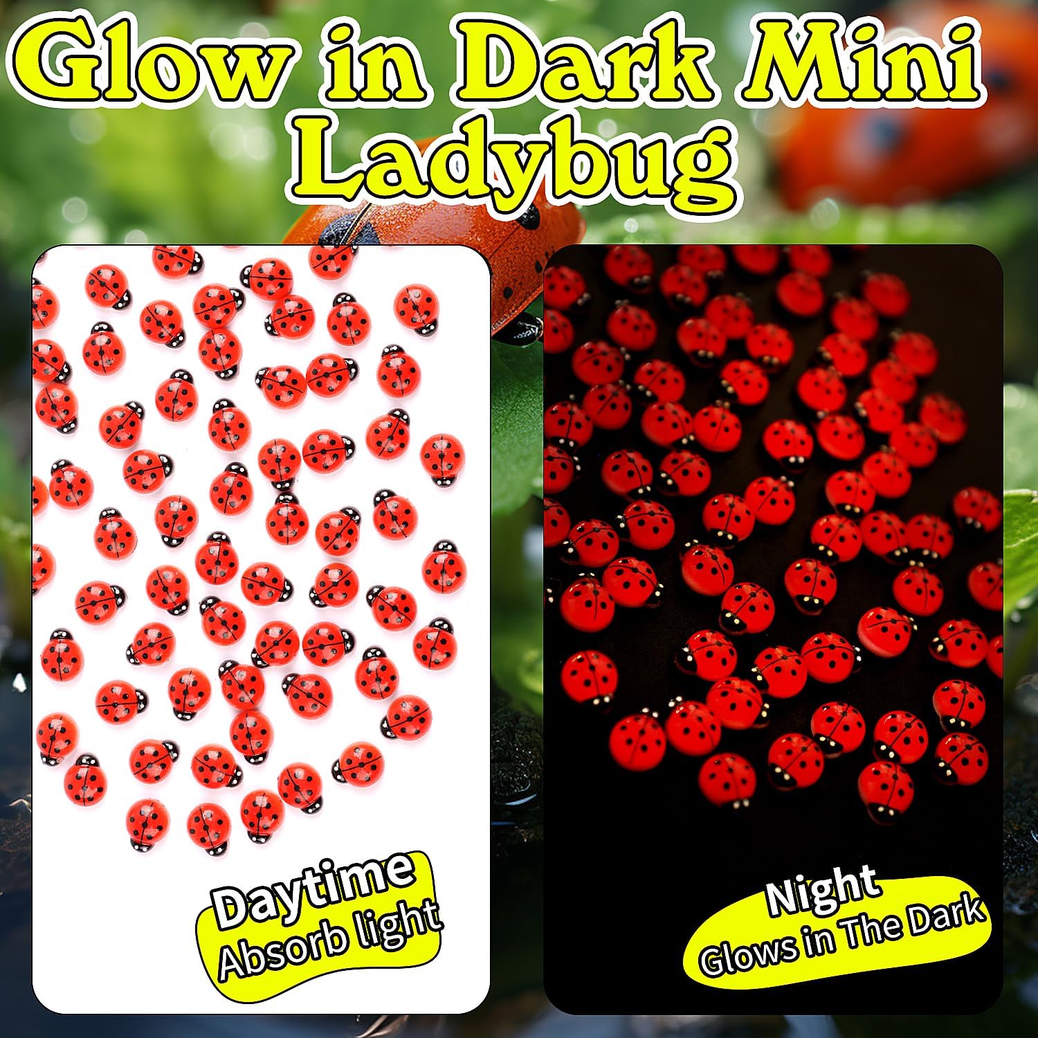 KIMOBER 100PCS Mini Luminous Ladybug Miniature Figurines,Glow in Dark Resin Animals Ladybug Figures for Fairy Garden Micro Landscape Decor Cake Topperr