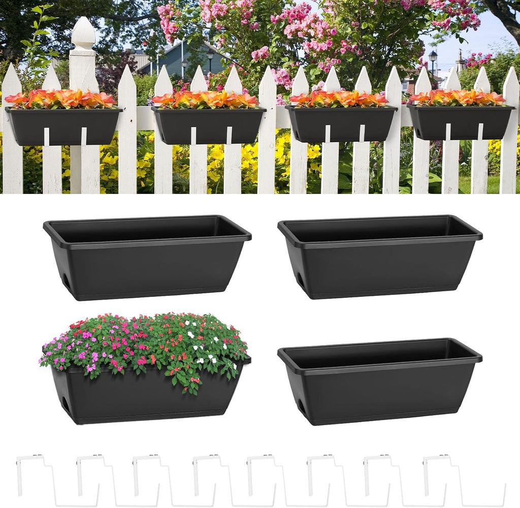 smusei Railing Planter Box 4 Pack Window Boxes Planters with Flower Box Brackets, 17’’ Rectangle Balcony Deck Railing Hanging Planters for Outdoor Fence Garden Patio Plants