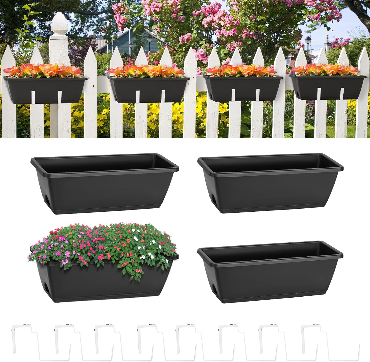 smusei Railing Planter Box 4 Pack Window Boxes Planters with Flower Box Brackets, 17’’ Rectangle Balcony Deck Railing Hanging Planters for Outdoor Fence Garden Patio Plants