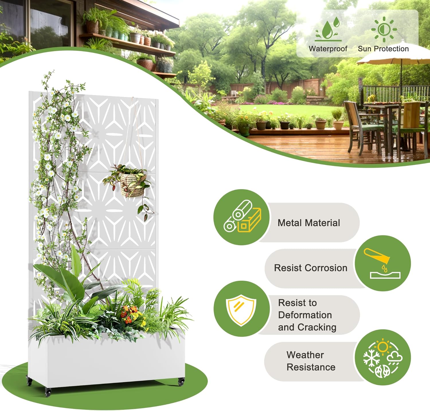 FENCY Metal Raised Garden Bed with Wheels and Trellis,73"x35"x16" Planter Box for Climbing Plants, Vegetables & Vines, Features Privacy Screen and Drainage Holes (White-Star)