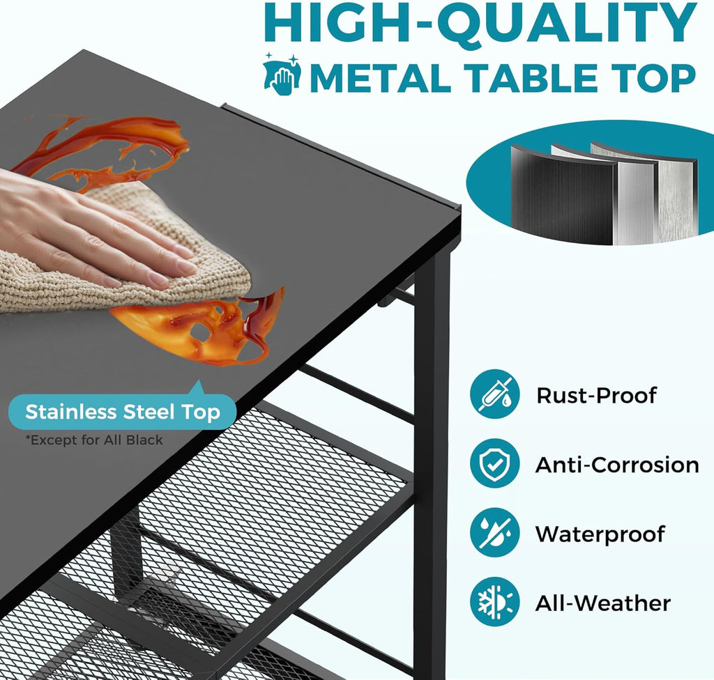 Ciokea Folding Outdoor Grill Cart with Wheels, 3-Shelf Grill Table with 27x18 in Table Top, Rolling Pizza Oven Stand, Metal Portable Cart for BBQ Patio Camping (All Black)