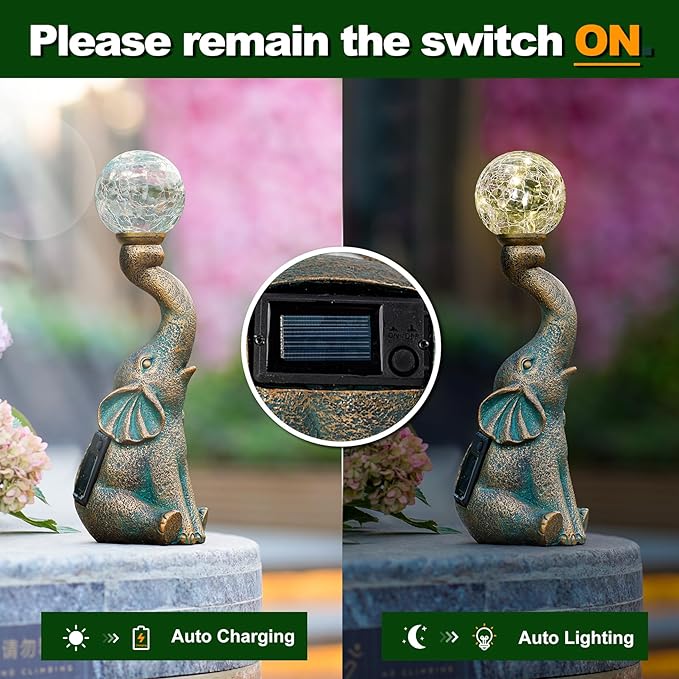 MININOVA Garden Decor Outdoor Statues Elephant with Cracked Glass Ball, Cute Solar Figurine for Patio, Lawn, Yard Art Ornament Decorations (8 LED Lights)