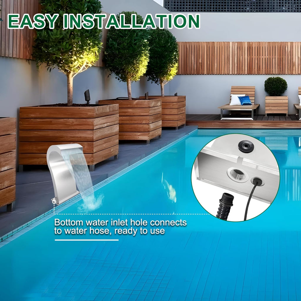 Pool Waterfall Fountain Stainless Steel Fountain 22.60'' x 10.55'' x 14.57'' Silver Pool Fountains for Ground Pools Garden Outdoor Waterfalls Sheer Descent Pond Water Feature