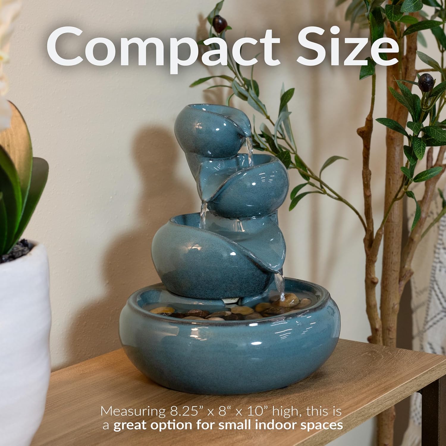 Sunnydaze Tiered Vessels Ceramic Tabletop Water Fountain - Relaxing Indoor Fountain for Office, Bedroom, or Living Room - Teal