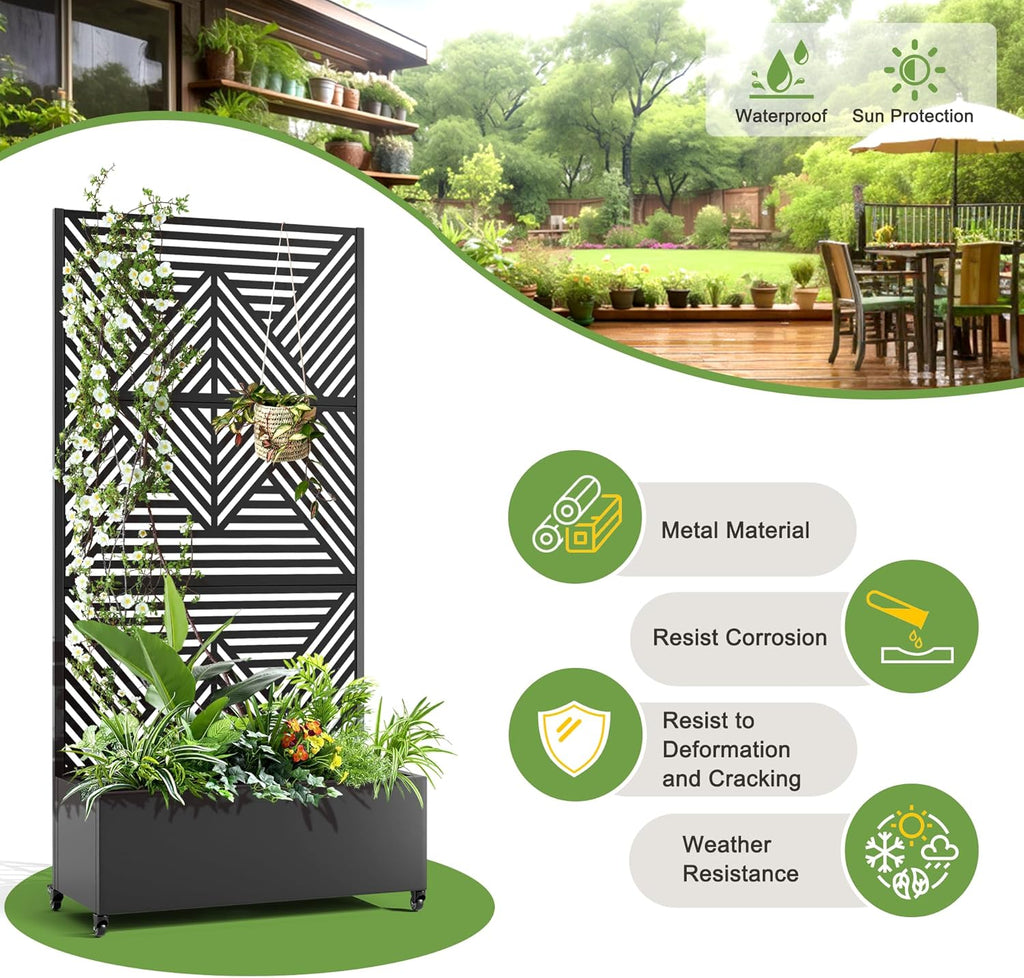 FENCY Metal Raised Garden Bed with Wheels and Trellis,73"x35"x16" Planter Box for Climbing Plants, Vegetables & Vines, Features Privacy Screen and Drainage Holes (Black-Modern)