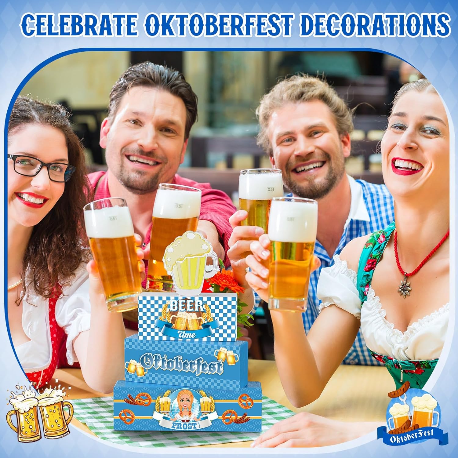 Yalikop 4 Pcs Oktoberfest Table Decorations Wooden Oktoberfest Tiered Tray Decorations October Festival Wooden Block Centerpieces for Tables for Home Shelf