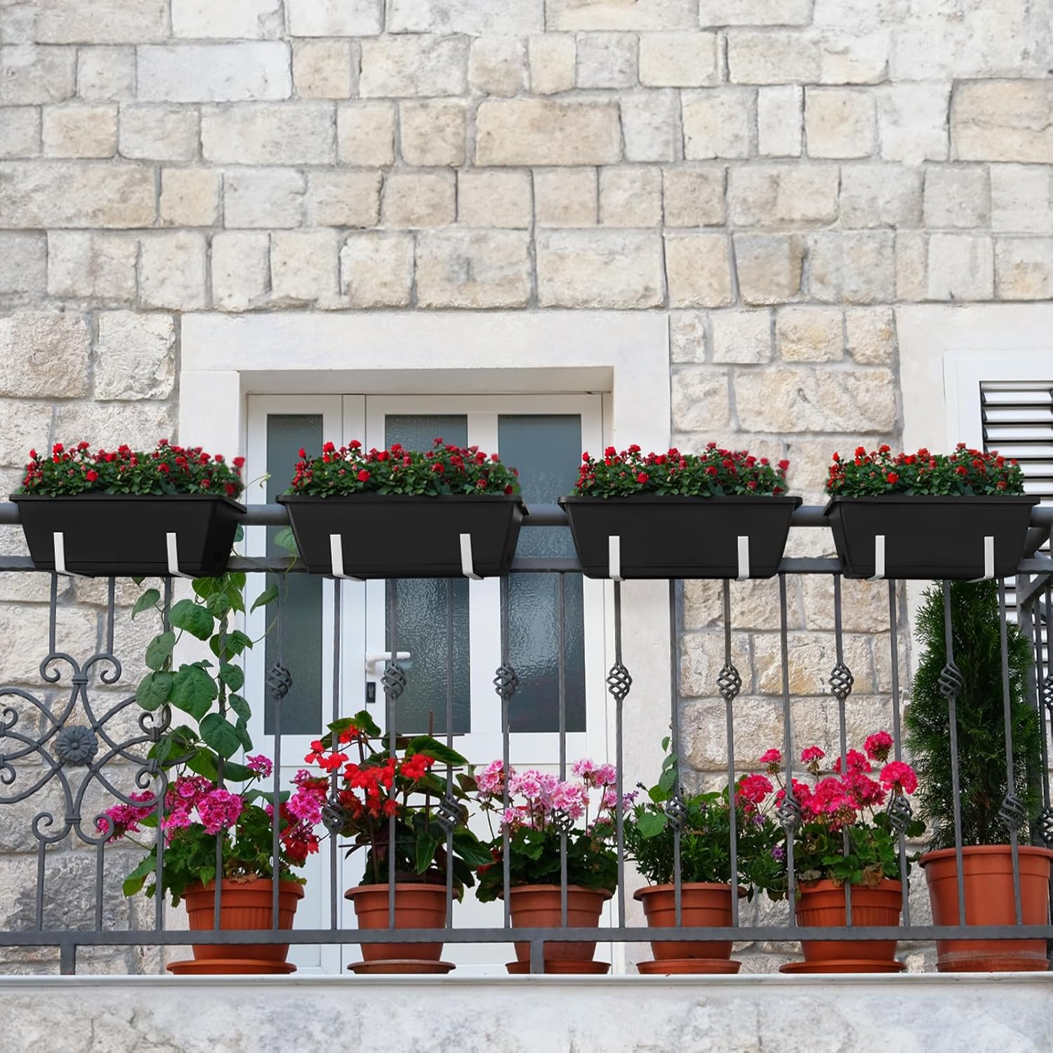 smusei Railing Planter Box 4 Pack Window Boxes Planters with Flower Box Brackets, 17’’ Rectangle Balcony Deck Railing Hanging Planters for Outdoor Fence Garden Patio Plants