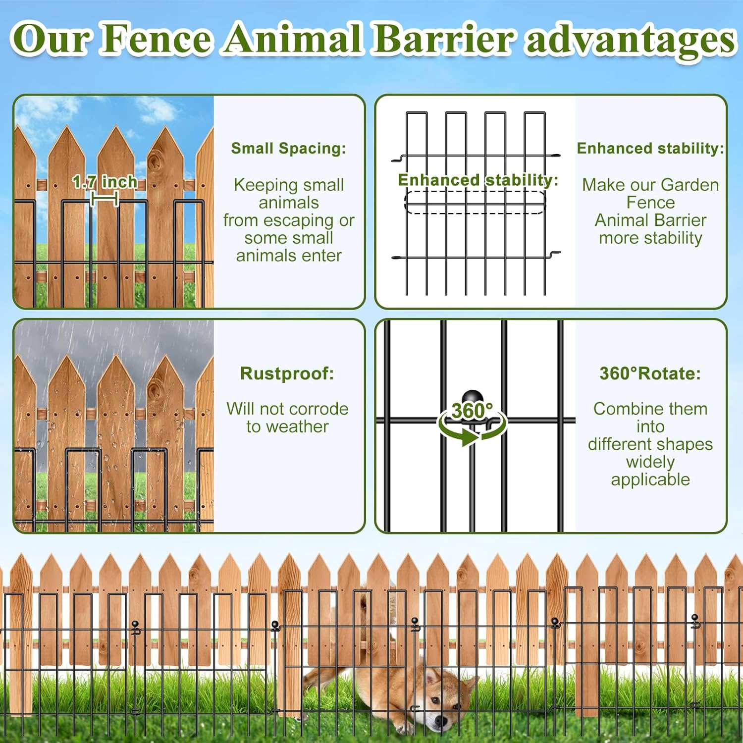 Animal Barrier Fence, 25 Panels Garden Fence Animal Barrier, 27 ft(L)×17 in(H), No Dig Fences for Dogs and Rabbits, Rustproof Metal Garden Fencing, Under Fences Border Barrier for Outdoor, Yard, Patio