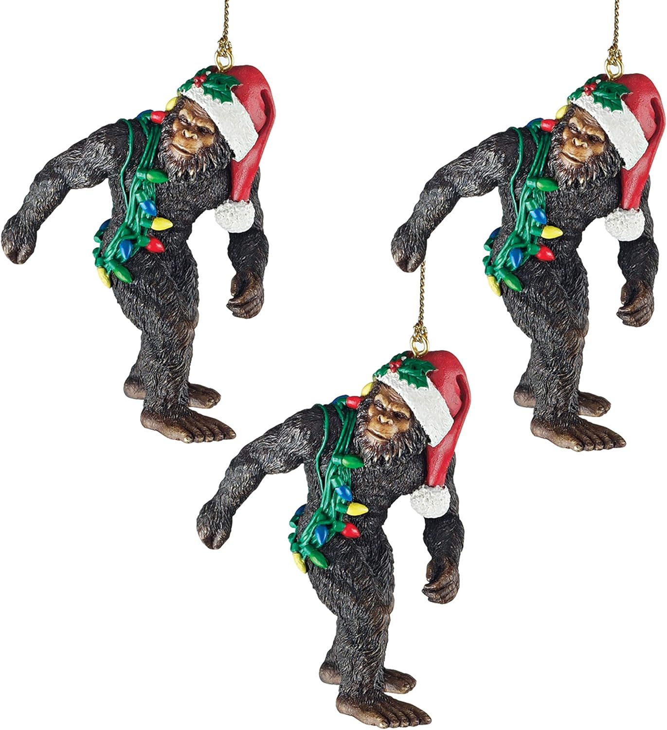 Designtoscano yeti with santa hat funny christmas tree ornament, set of 3, brown bigfoot the holiday yetti