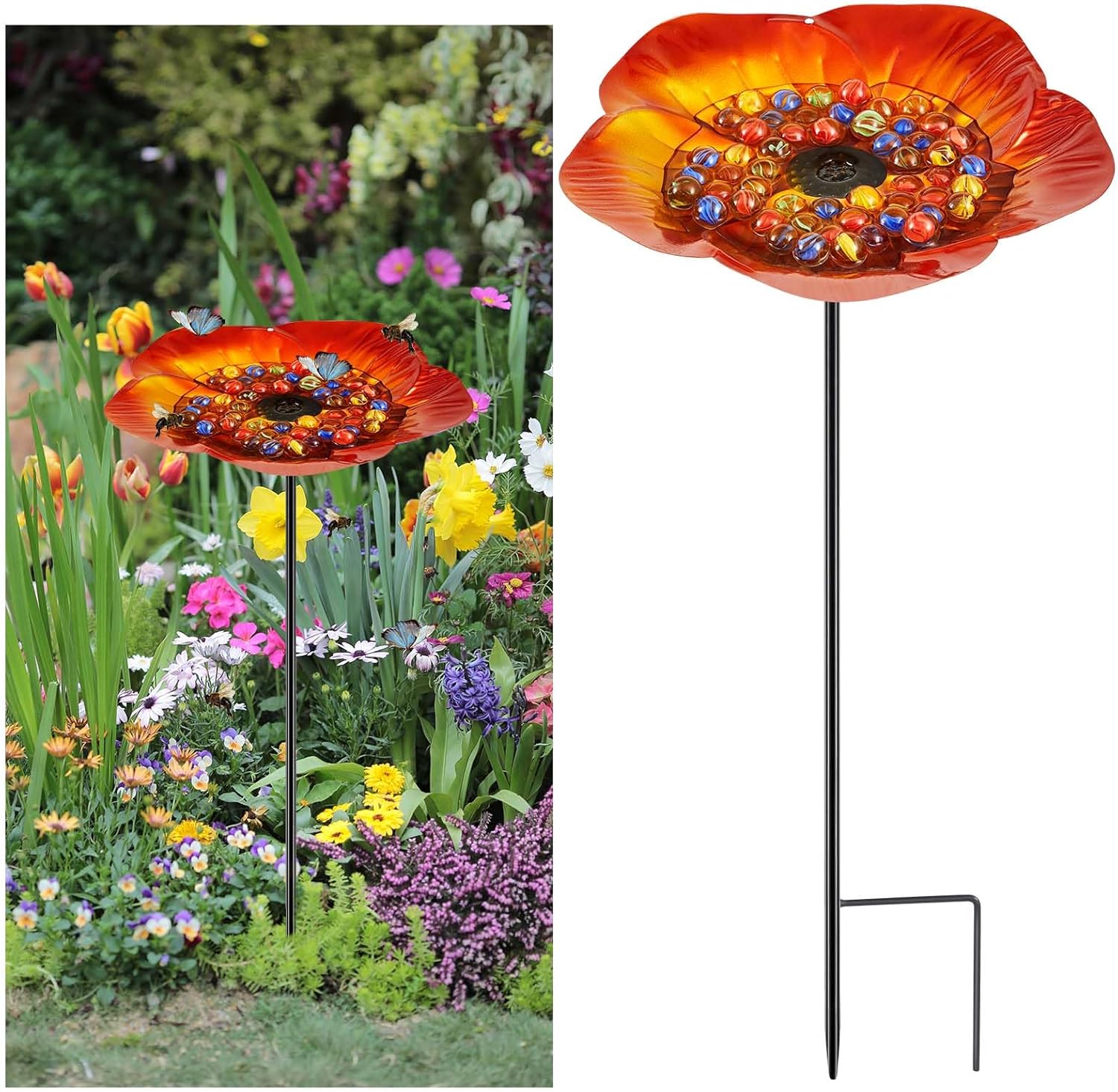 Tandefio Vivid Flower Bee Watering Station Metal Butterfly Water Feeder Cup with 30 Colorful Glass Marbles Bee Feeder Butterfly Bath Bowl for Garden Outdoor Yard Decors(Golden Brown,Flower)