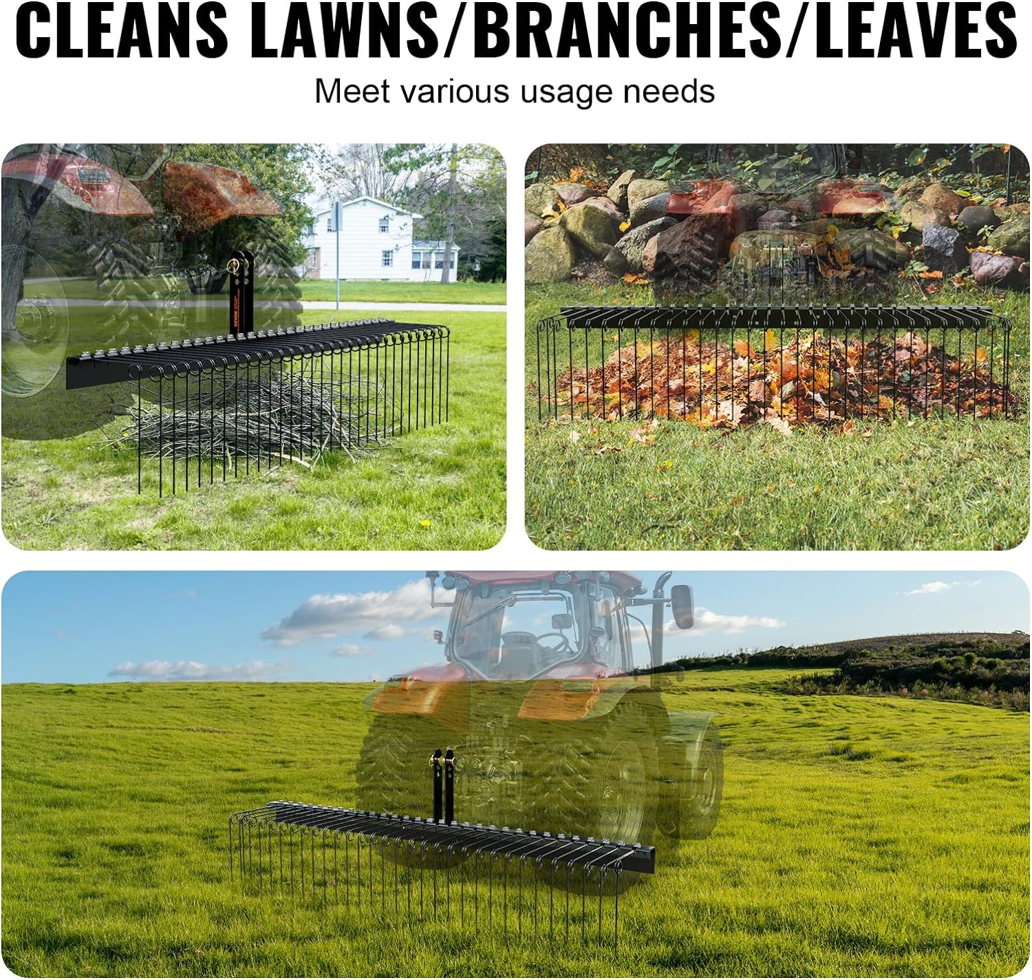VEVOR Tow Behind Landscape Rake, 72" Tow Dethatcher with 32 Steel Tines, Lawn Dethatcher Rake Attaches to Category 1, 3 Point Hitch for Tractor, for Leaves, Pine Needles, Straw, and Grass