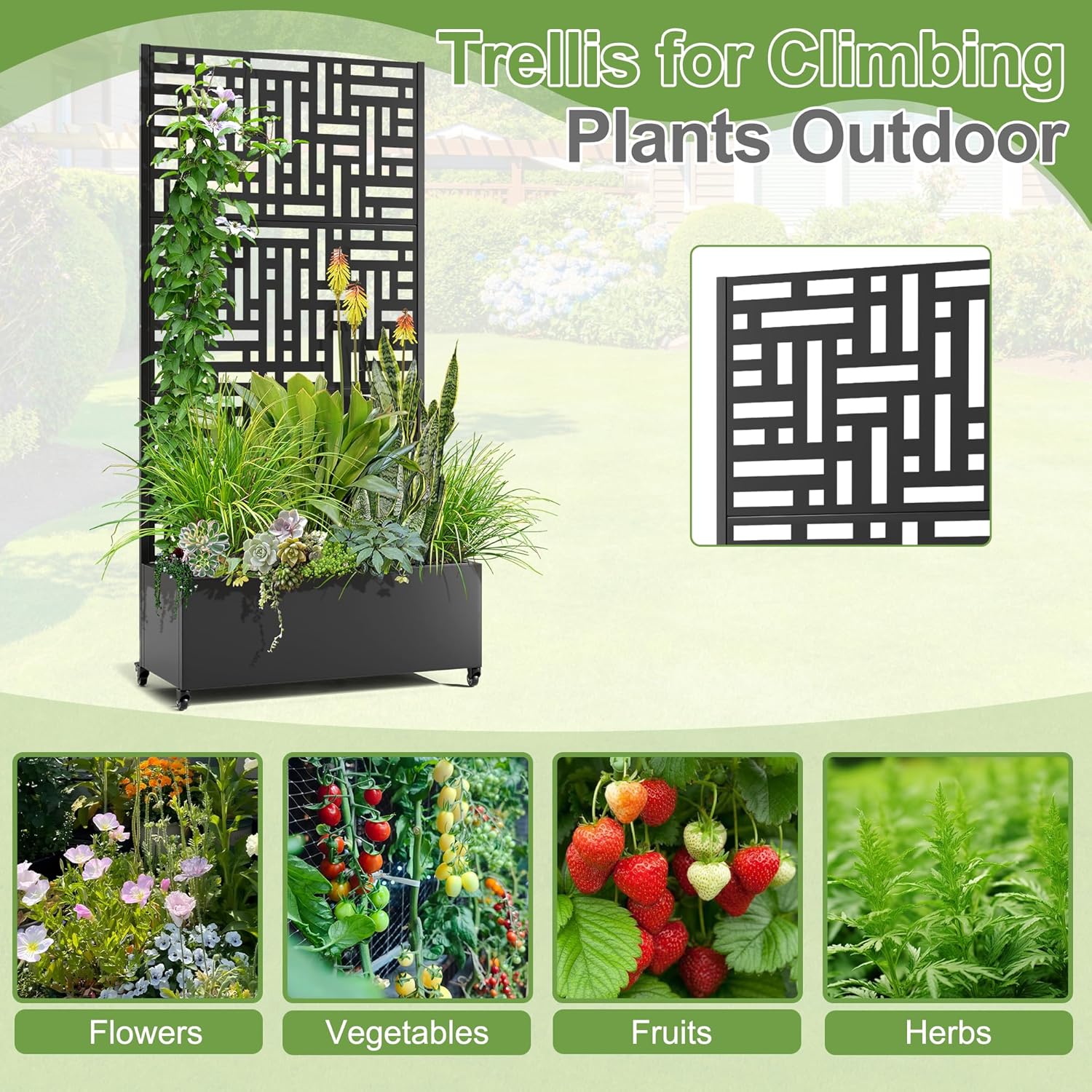 Raised Garden Bed with Trellis and Wheels,73"x35"x16" Metal Raised Garden Bed,Black Modern Metal Planter with Climbing Trellis for Vines & Vegetables