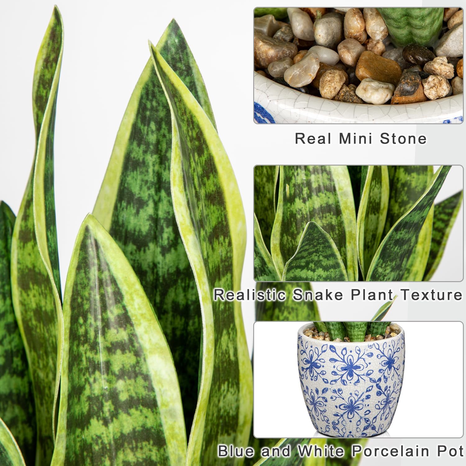 Hollyone Artificial Snake Plant Potted Faux Sansevieria Trifasciata Plants, 15.7" Tropical Fake Plants in Blue and White Porcelain Pots for Home Office Room Indoor Decor Housewarming Gifts