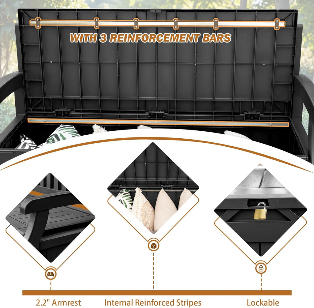 Devoko 80 Gallon Storage Bench Deck Box Lockable for Patio Furniture, Garden Decor and Outdoor Seating for Cushions, Garden Tools and Pool Supplies (Black)