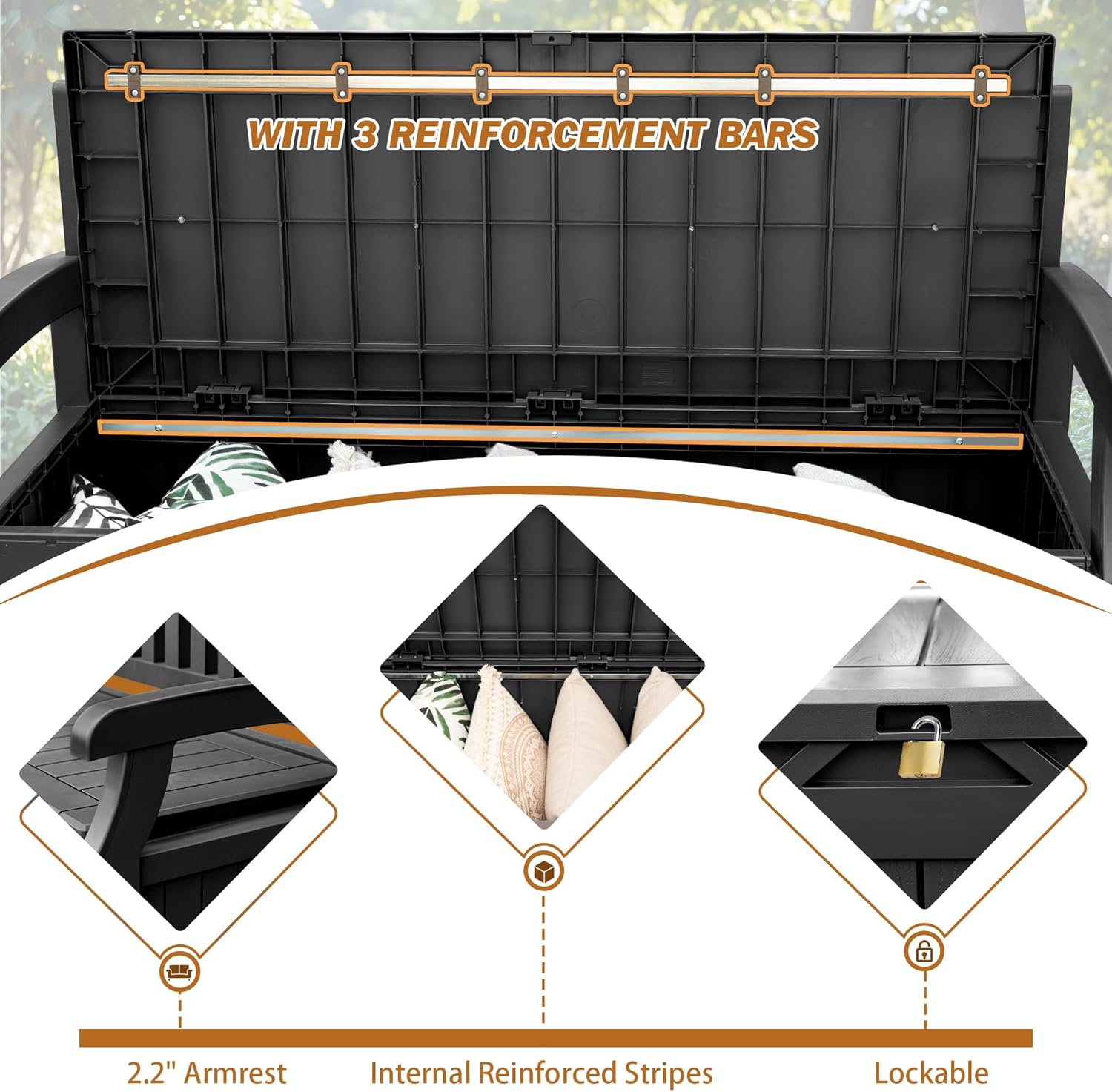 Devoko 80 Gallon Storage Bench Deck Box Lockable for Patio Furniture, Garden Decor and Outdoor Seating for Cushions, Garden Tools and Pool Supplies (Black)