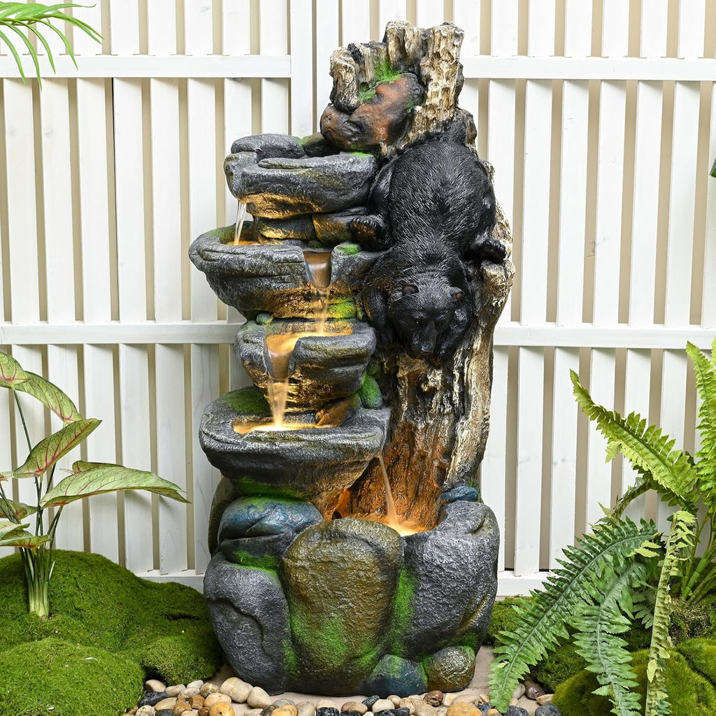 39" Outdoor Garden Water Fountain with Lights 5 Tiers Cascading Large Waterfall Floor Standing Fountain for Patio, Backyard, Deck, Porch and Home Art Decor