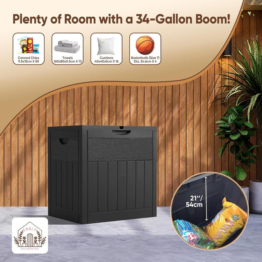 31 Gallon Deck Box, Small Outdoor Storage Box Waterproof, Lockable Secure Package Bin Delivery Box for Outside Front Porch, Patio Cushions Storage Box, Delivery Driver Snack Box for Porch, Black