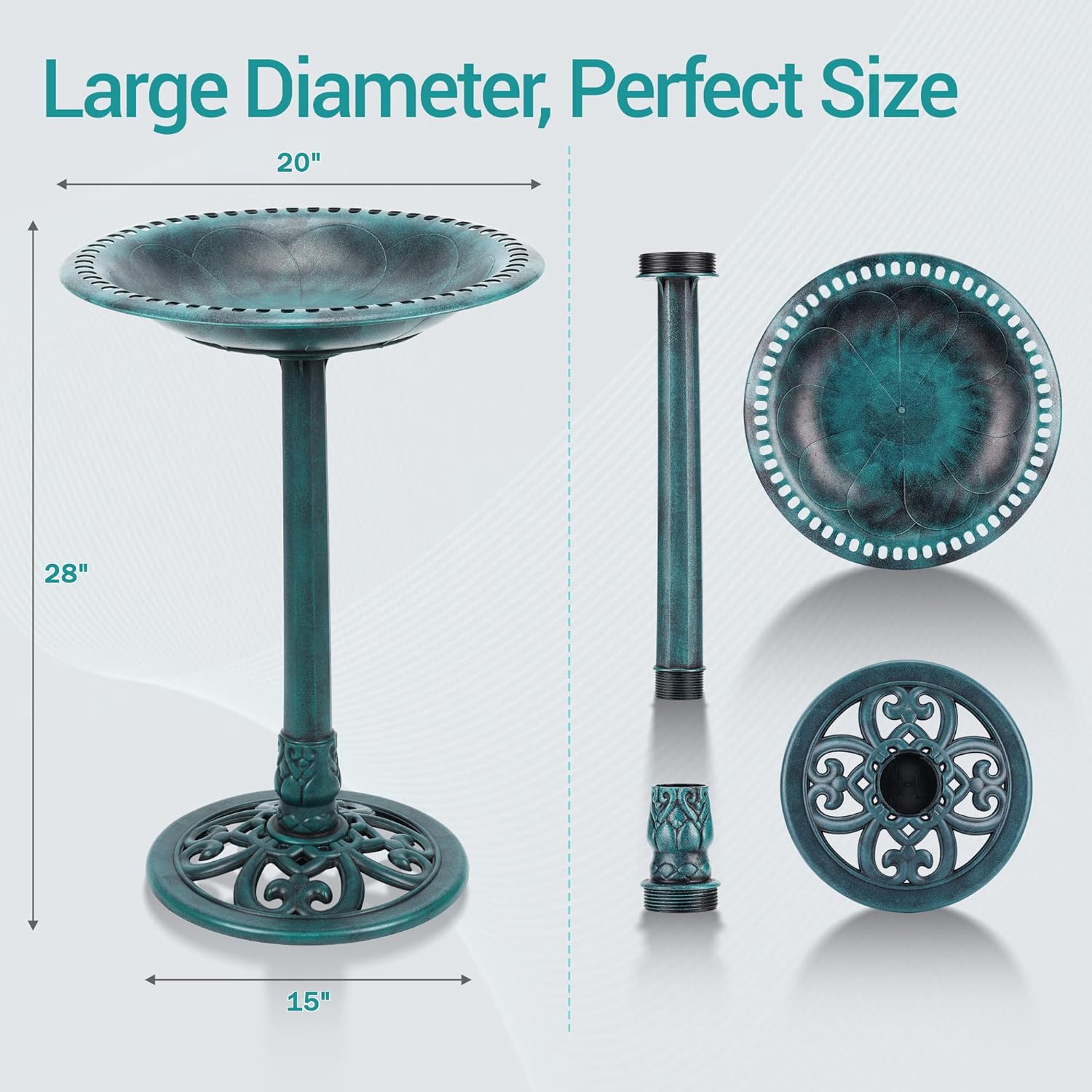 Bird Bath 28 Inch Height, Polyresin Standing Antique Birdbath for Outdoor Garden Decor, Green