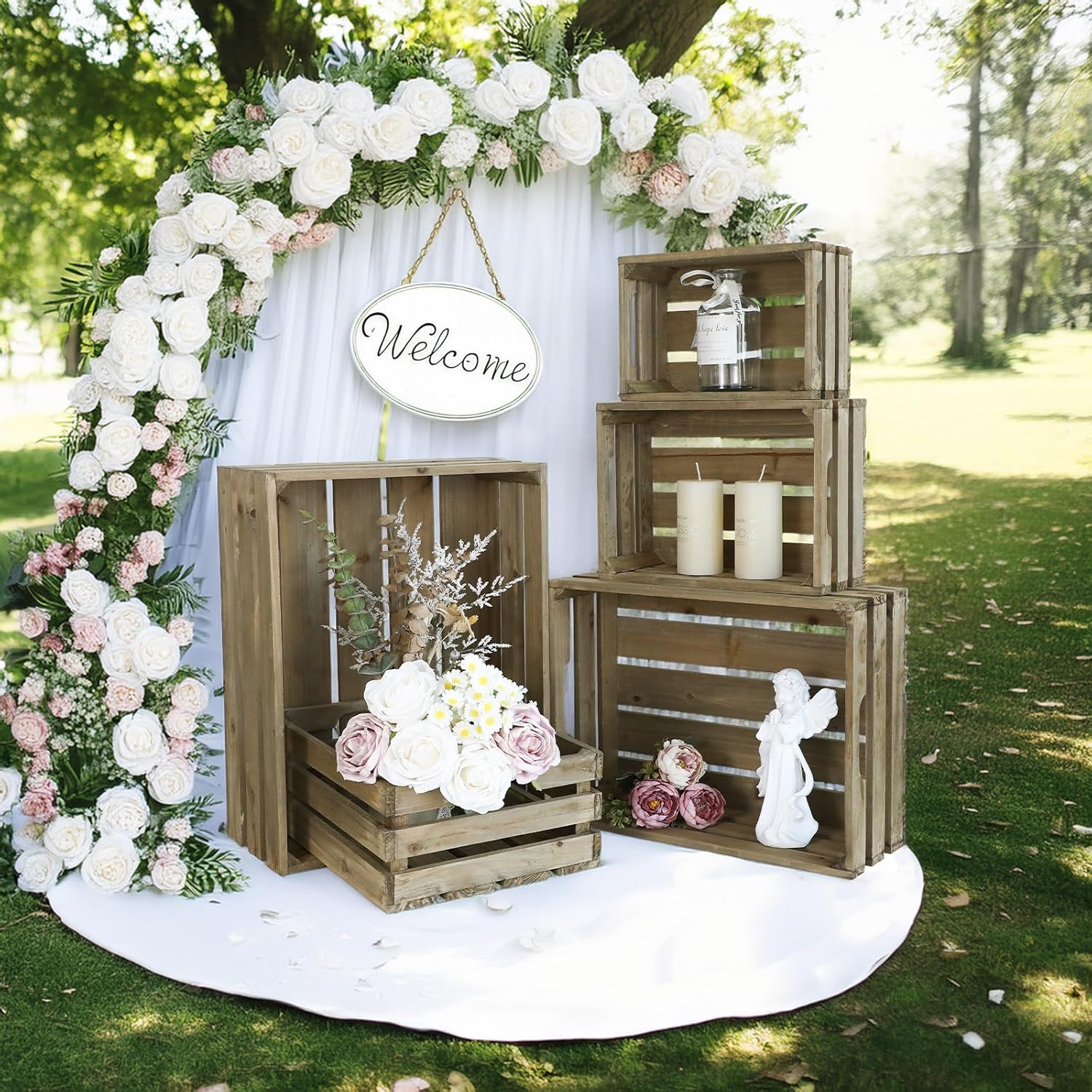 5-Piece Farmhouse Wooden Crate Set - Rustic Wooden Crates for Display and Storage, Large Grey Decorative Crates, Farmhouse Apple Crates, Painted Wood Crates for Decor