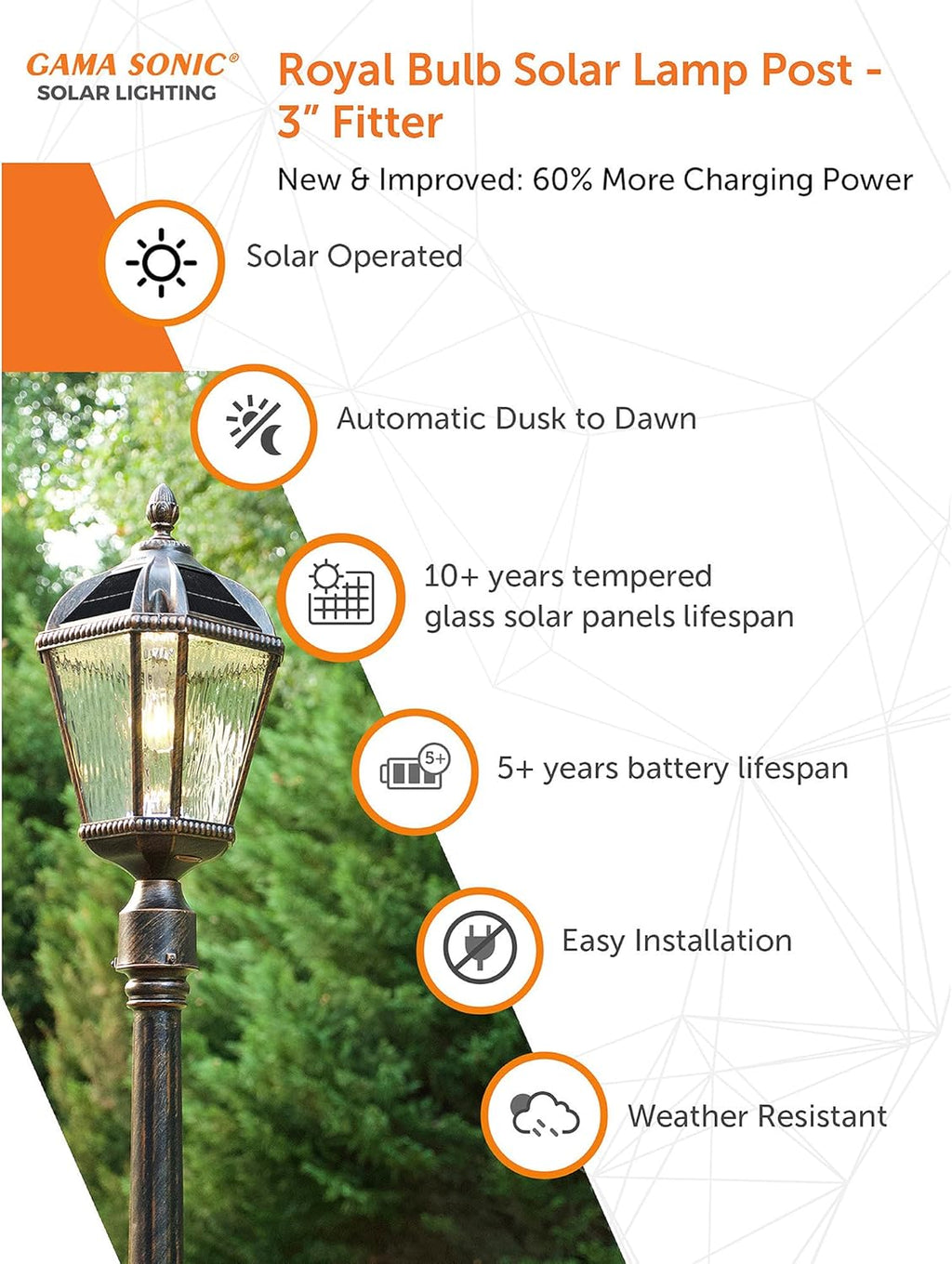 Gama Sonic Outdoor Solar Post Light, Brushed Bronze Finish Aluminum, Royal Bulb, Clear Rain Glass, 3-inch Fitter for Lamp Posts 98B112 (Upgraded Panel and Battery)