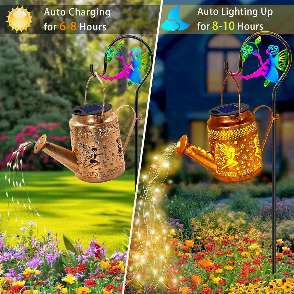 Fariy Solar Lights Outdoor Waterproof, Solar Watering Can Lights with Shepherd Hook, Metal Angel Hanging Lantern Garden Decor Yard Outside Patio Lawn, Gifts for Mom Grandma Women Birthday