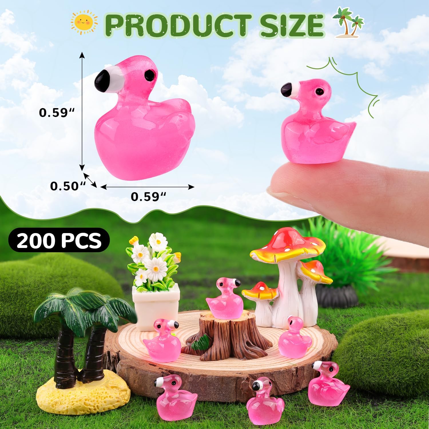 200PCS Mini Resin Animals Cute Rose Pink Tiny Flamingo Ducks Glow in Dark, Miniature Figures to Hide, Small Animal Toys Accessories Bulk for Topper Garden Dollhouse Ornaments DIY Crafts & Decor