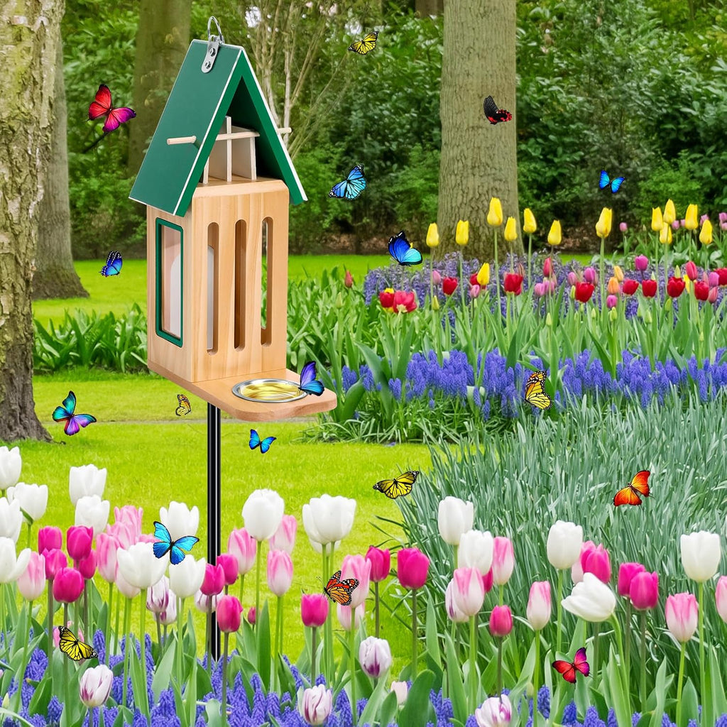 New Upgraded Butterfly House and Feeder for Outside - Wooden Butterfly House with Metal Stake for Garden Backyard, Natural Butterflies Habitat with Puddler on Floor or Hanging on Tree Wall