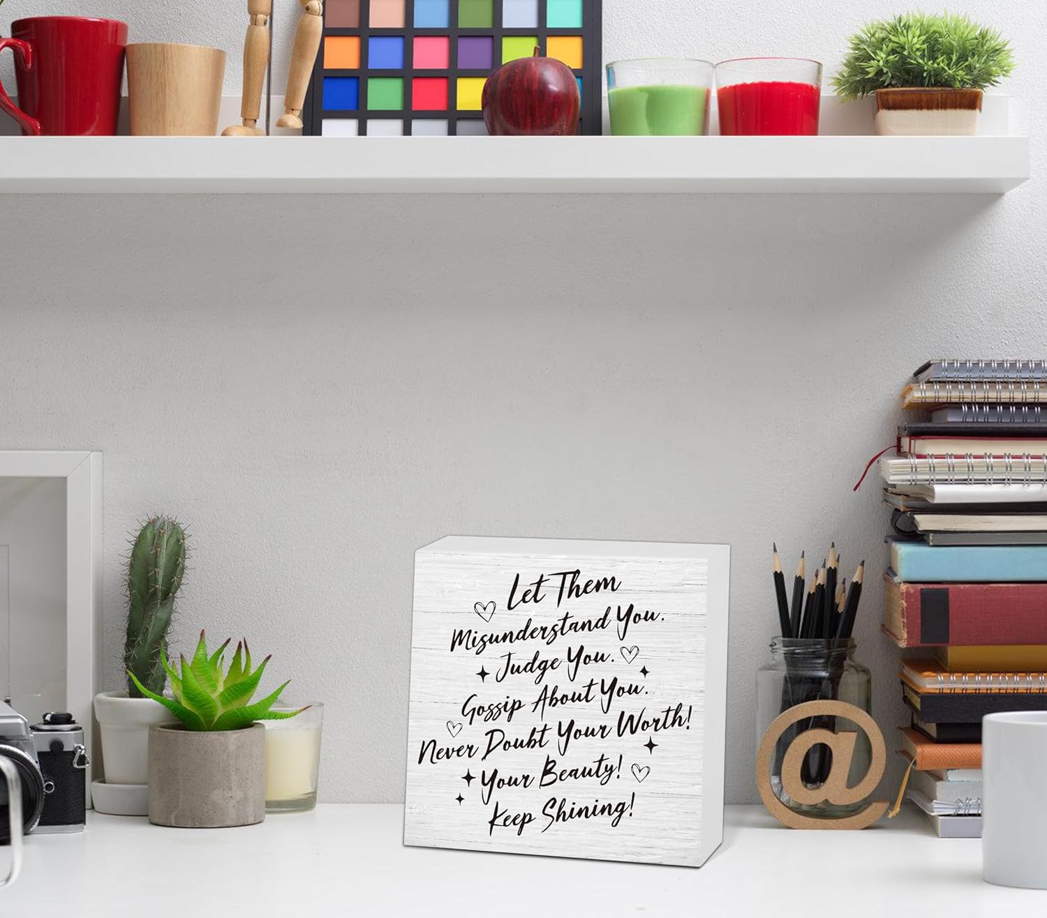 Let Them Wooden Sign, Desk Decorations For Women Office, 5x5 Inch Farmhouse Funny Office Decor Wood Box Sign, Desk Shelf Cubicle Accessories, Appreciation Gifts for Coworkers Boss, 10